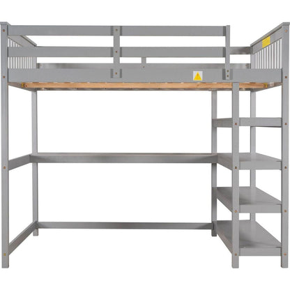 Full Size Loft Bed with Storage Shelves and Under-bed Desk, Gray