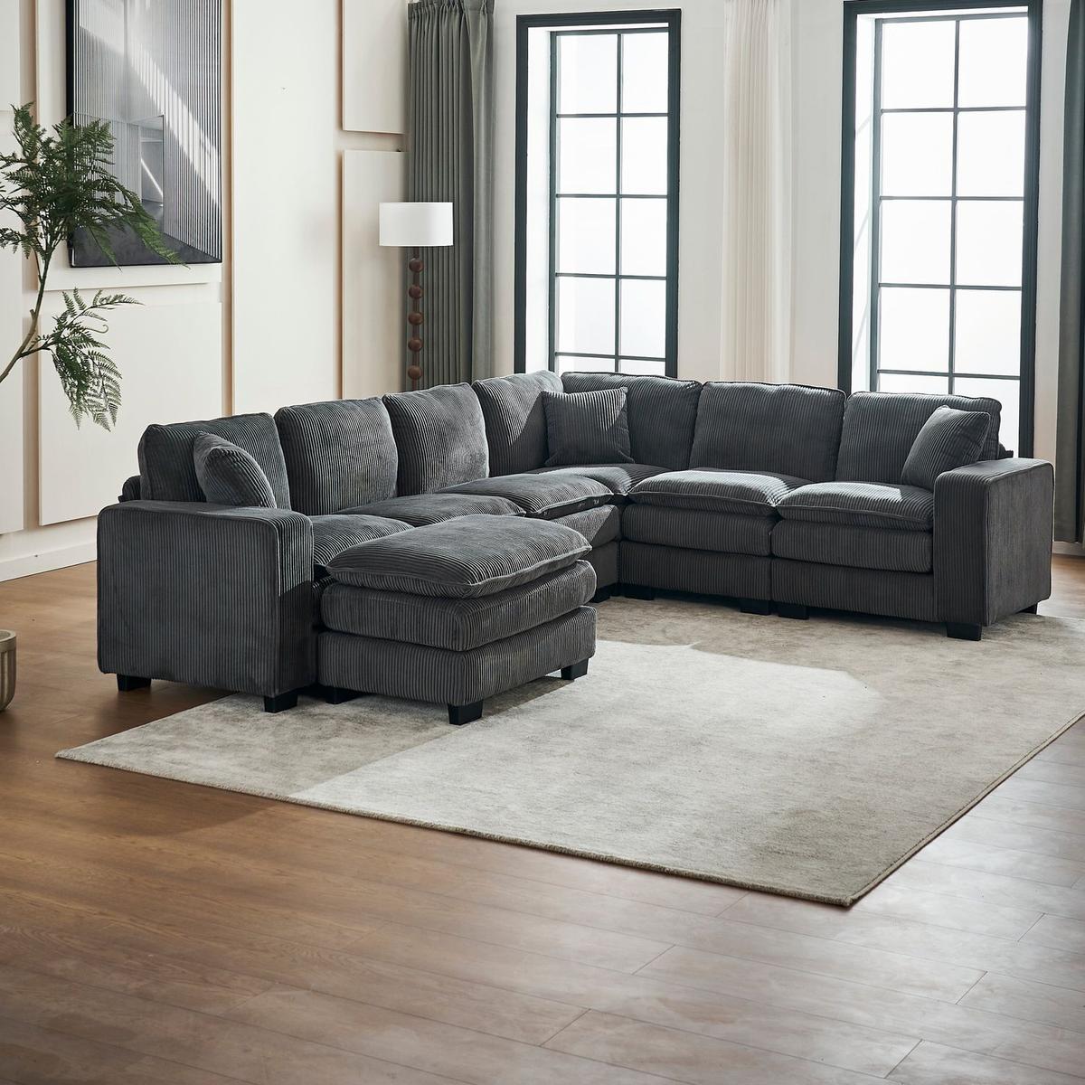 Modern U Shaped 6-seat Sectional Sofa Couch with one Ottoman and three toss pillows, Modular Sofa for Living Room,Corduroy sofa
