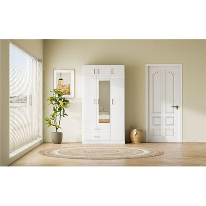 3-Door Mirror Wardrobe with 2 Drawers and Top Cabinet,White