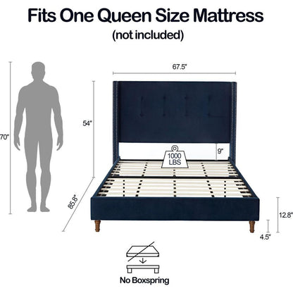 Upholstered Queen Bed / 54" High Headboard / Traditional Hand Buttoned Tufting / Nailhead Trim Wingback / No Box Spring Needed / Easy Assembly / Blue Velvet