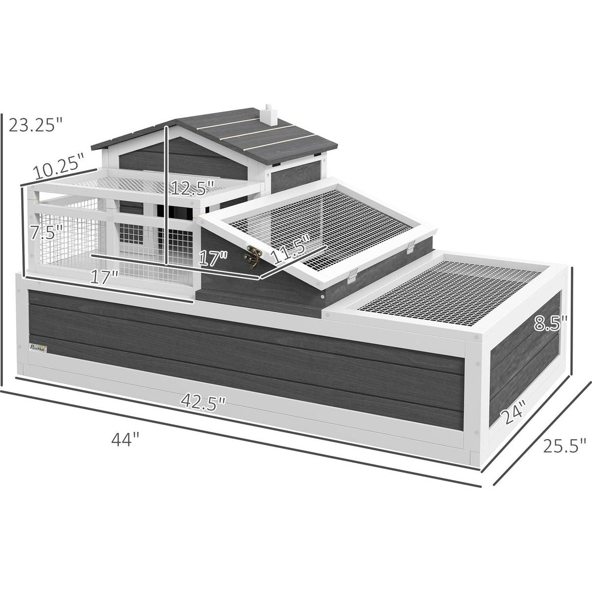 3-Room Tortoise House Habitat with Balcony & 2 Stories, Indoor/Outdoor Wooden Tortoise Enclosure with Ladder, Tray, Openable Roof, Large Reptile Cage, 44" x 25.5" x 23", Gray