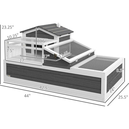 3-Room Tortoise House Habitat with Balcony & 2 Stories, Indoor/Outdoor Wooden Tortoise Enclosure with Ladder, Tray, Openable Roof, Large Reptile Cage, 44" x 25.5" x 23", Gray