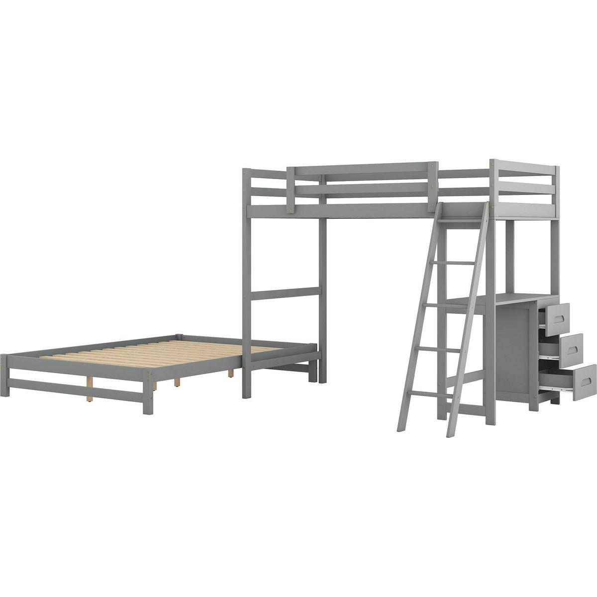 Twin over Full Bunk Bed with Built-in Desk and Three Drawers,Grey