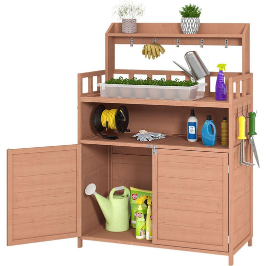 Potting Bench Outdoor Gardening Table for Outside Wood Garden Planting Workstation Work Benches with Large Storage Cabinet & Top Shelf for Patio