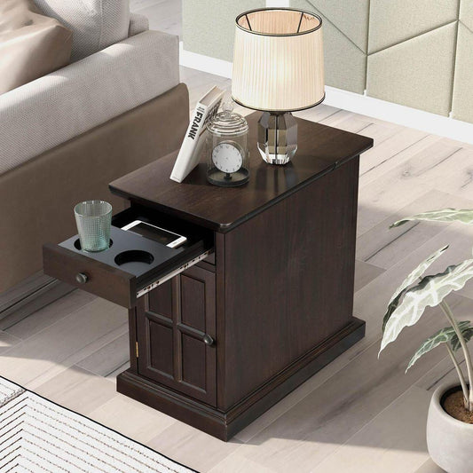 Classic Vintage Livingroom End Table Side Table with USB Ports and One Multifunctional Drawer with cup holders, Antique Espresso