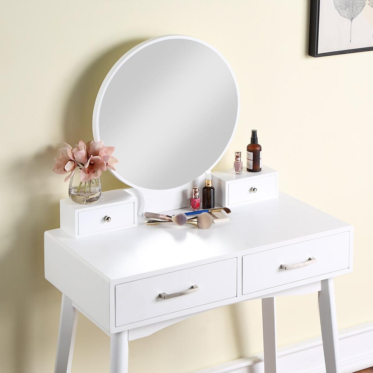 Liannon Contemporary Wood Vanity and Stool Set, White - Streamdale Furniture