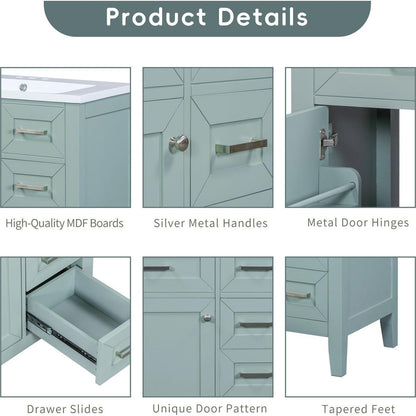 30" Bathroom Vanity without Sink, Cabinet Base Only, Bathroom Cabinet with Drawers, Solid Frame and MDF Board, Green