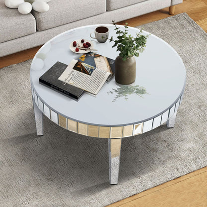 Dazzling Sliver Round Coffee Table with Starburst Mirror Mosaic Design, Glass Top for Living Room, Luxury Sofa Center Table, Modern Home Decor (31.5'' W * 31.5'' D * 18''H)