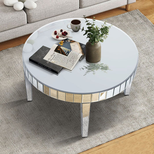 Dazzling Sliver Round Coffee Table with Starburst Mirror Mosaic Design, Glass Top for Living Room, Luxury Sofa Center Table, Modern Home Decor (31.5'' W * 31.5'' D * 18''H)