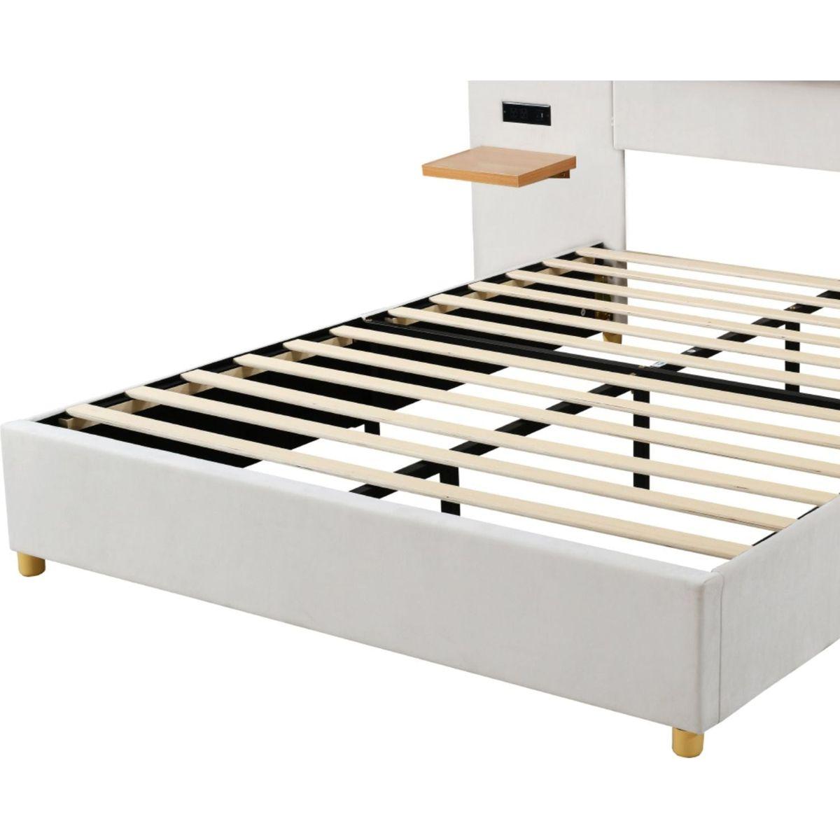 Queen Size Upholstered Platform Bed, Two Outlets and USB Charging Ports on Both Sides, Two Bedside Pillows, Storage Shelves,Velvet, Beige