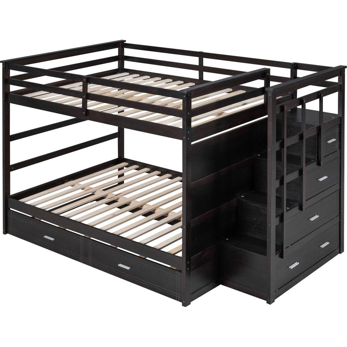 Full Over Full Bunk Bed with Twin Size Trundle and Staircase, Espresso