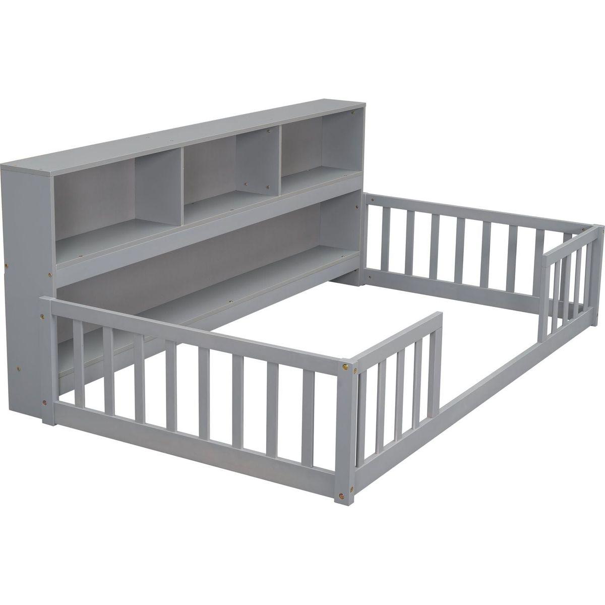 Twin Floor Bed with Bedside Bookcase,Shelves,Guardrails,Grey