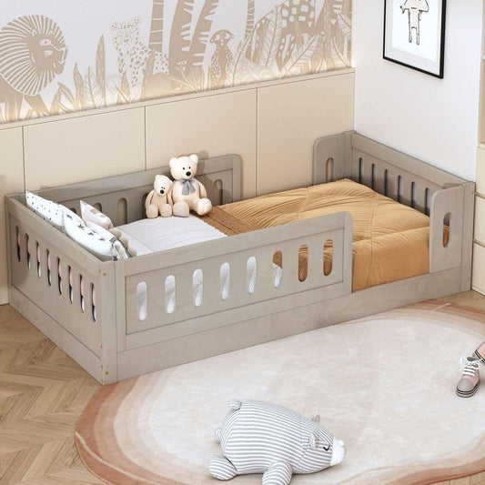 Wood Twin Size Platform Bed with Guardrail, Natural(Expected Arrival Time: 10.28) - Streamdale Furniture
