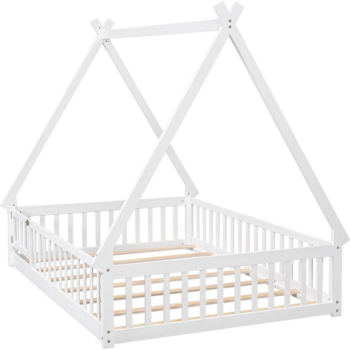 Full Tent-shaped Floor Bed, with Guardrails, Slats, Door, White