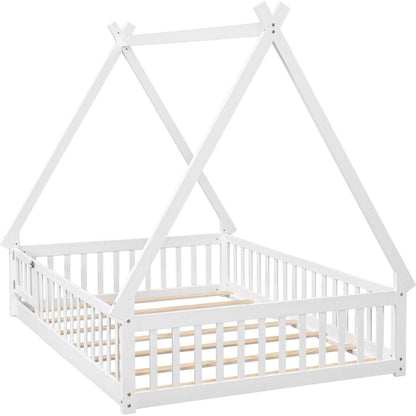 Full Tent-shaped Floor Bed, with Guardrails, Slats, Door, White