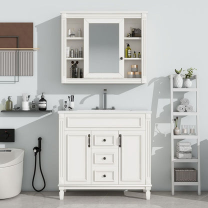 36" Bathroom Vanity with Top Sink, White Mirror Cabinet, Modern Bathroom Storage Cabinet with 2 Soft Closing Doors and 2 Drawers, Single Sink Bathroom Vanity