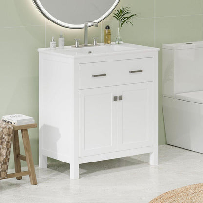 30-inch Bathroom Vanity with Ceramic Sink, Modern White Single Bathroom Cabinet with 2 Doors and a Shelf, Soft Close Doors