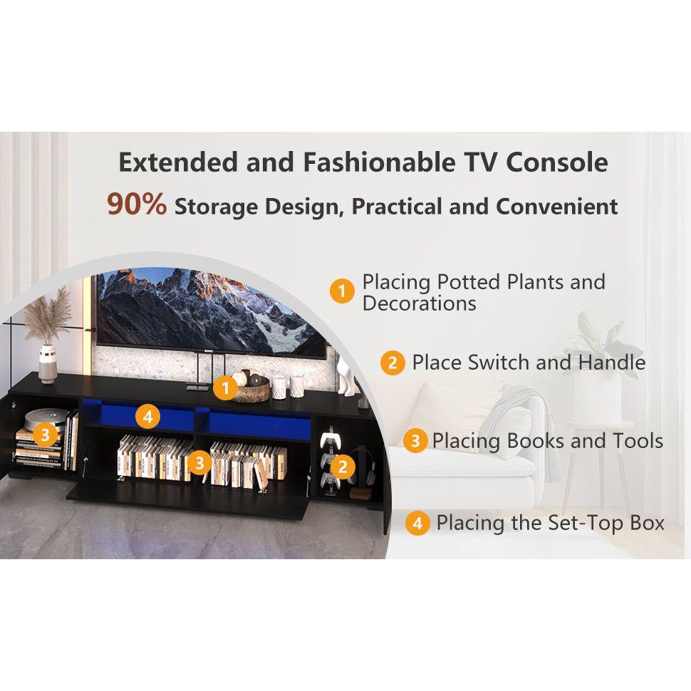 TV Console with Storage Cabinets, Remote, APP Control Long LED TV Stand, Full RGB Color Selection, 31 Modes Changing Lights Modern Entertainment Center with Power Cord (Black, for 80 inches)