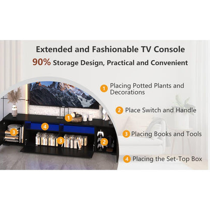 TV Console with Storage Cabinets, Remote, APP Control Long LED TV Stand, Full RGB Color Selection, 31 Modes Changing Lights Modern Entertainment Center with Power Cord (Black, for 80 inches)