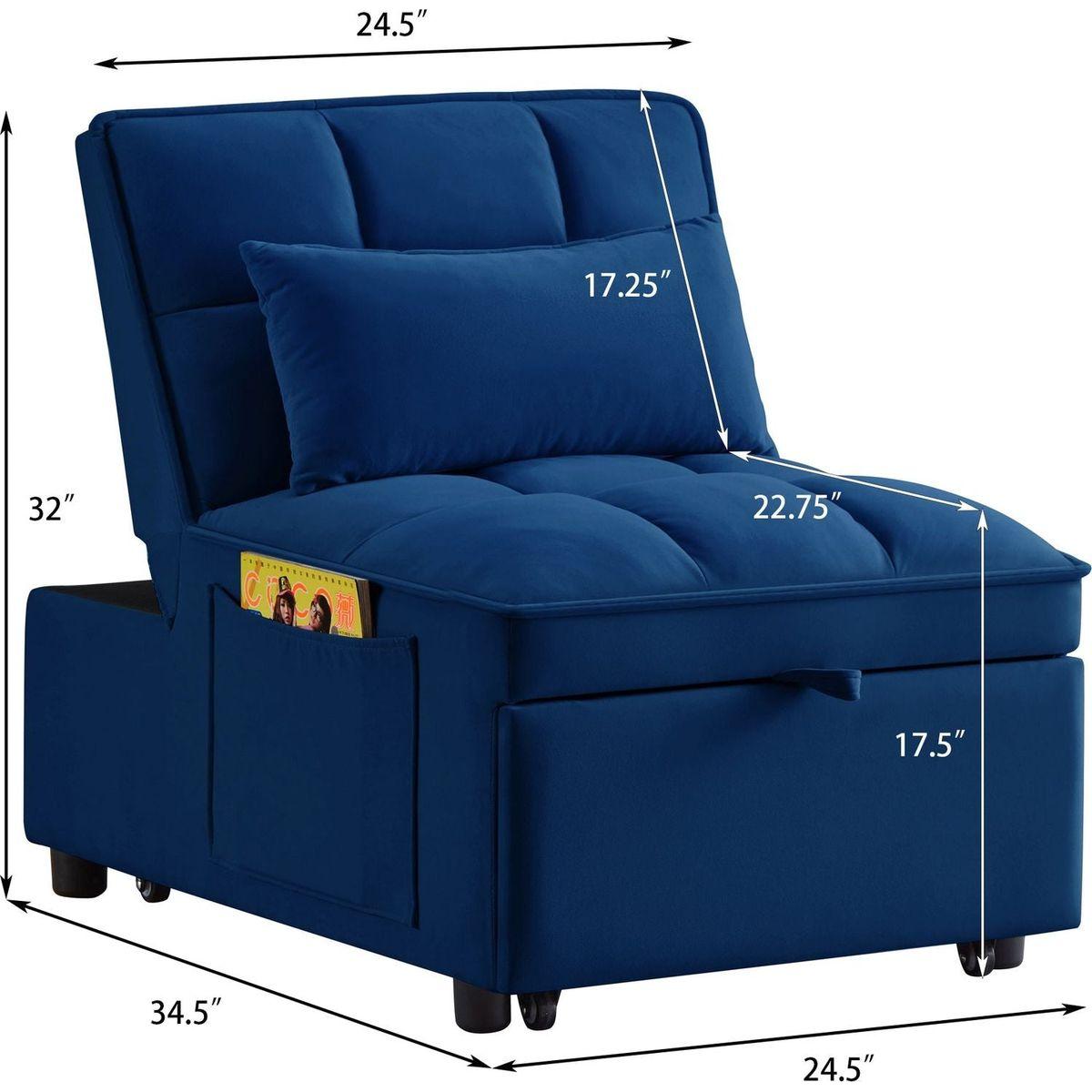 4 in1 Multi-Function Single Sofa Bed with Storage Pockets,Tufted Single Pull-out Sofa Bed with Adjustable Backrest and Pillows, Convertible Chaise Lounge, Navy