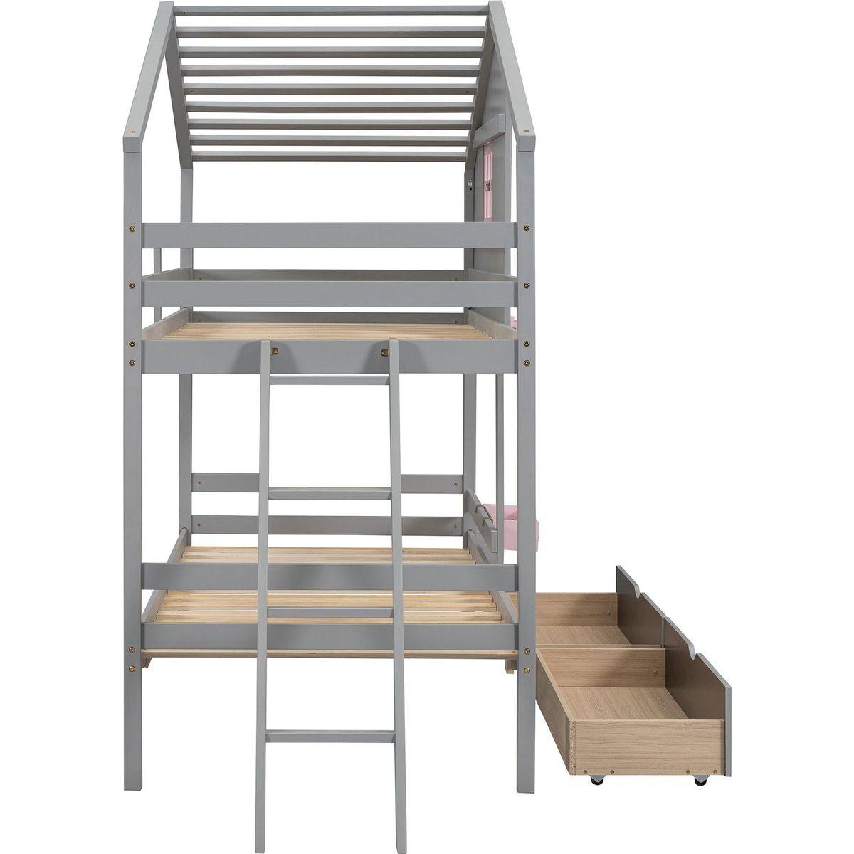 Twin over Twin Bunk Bed with 2 Drawers, 1 Storage Box, 1 Shelf, Window and Roof-Gray