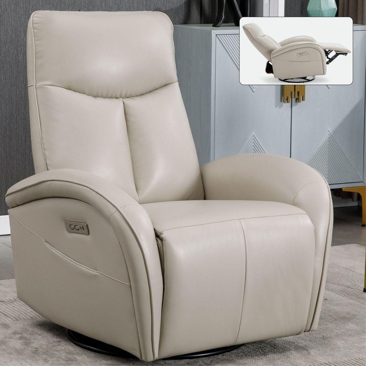 Beige Grey Leatheraire Swivel and Rocker Power Recliner Chair with Lumbar Support, Max Swivel Degree 270, Heavy Duty Motion Mechanism with USB and Type-C Ports