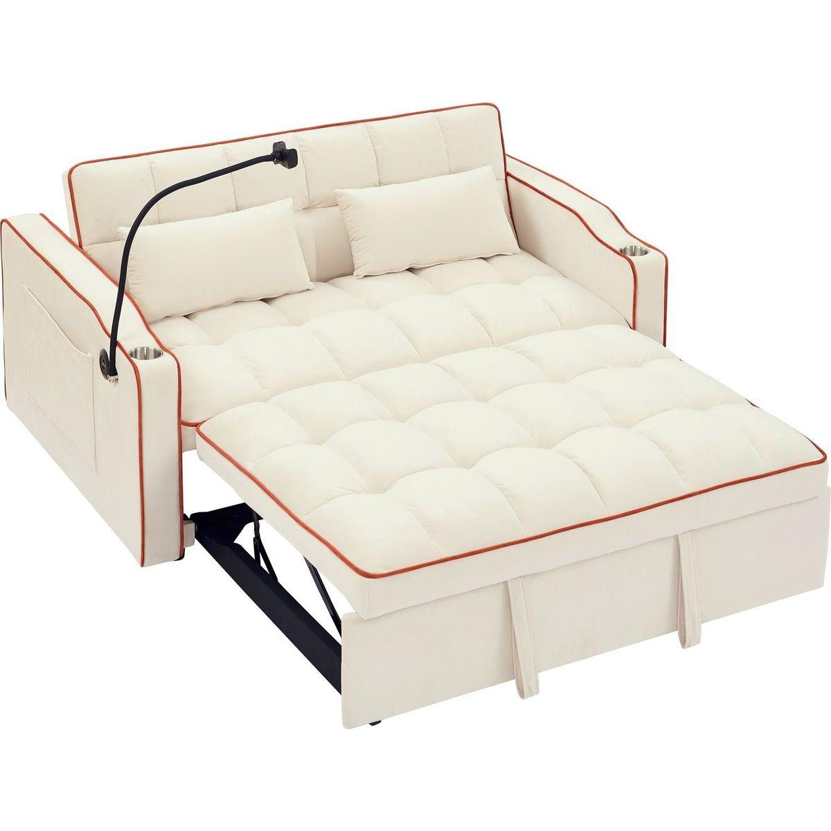 55.51 inch versatile foldable sofa bed in 3 lengths, modern sofa sofa sofa velvet pull-out bed, adjustable back and with USB port and ashtray and swivel phone stand (Beige)