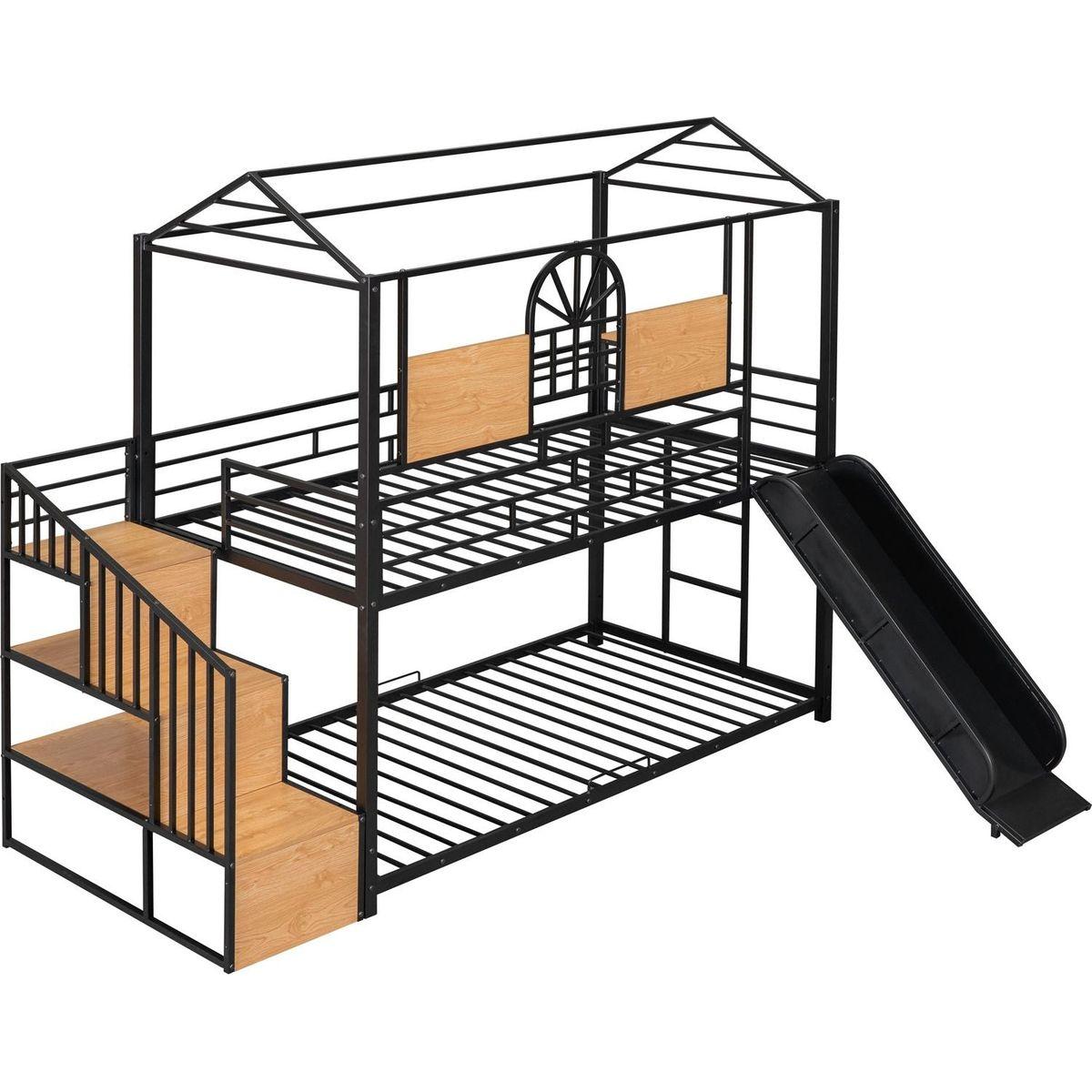 Twin Over Twin Metal Bunk Bed, Metal Housebed with Slide and Storage Stair, Black with Black Slide