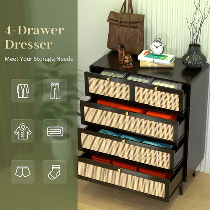 4 Drawer Dresser, Modern Rattan Dresser Chest with Wide Drawers and Metal Handles, Farmhouse Wood Storage Chest of Drawers for Bedroom, Living Room, Hallway, Entryway