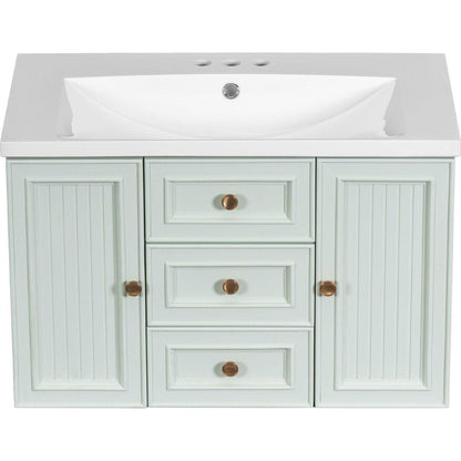 30" Wall Mounted Bathroom Vanity with Sink Combo, Functional Drawer, Solid Wood & MDF Board & Ceramic, Green