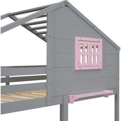 Twin over Twin Bunk Bed with 2 Drawers, 1 Storage Box, 1 Shelf, Window and Roof-Gray