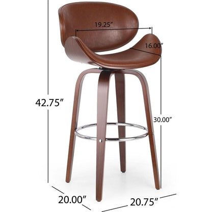 30" Mid-Century Modern Upholstered Swivel Barstool, Walnut + Cognac