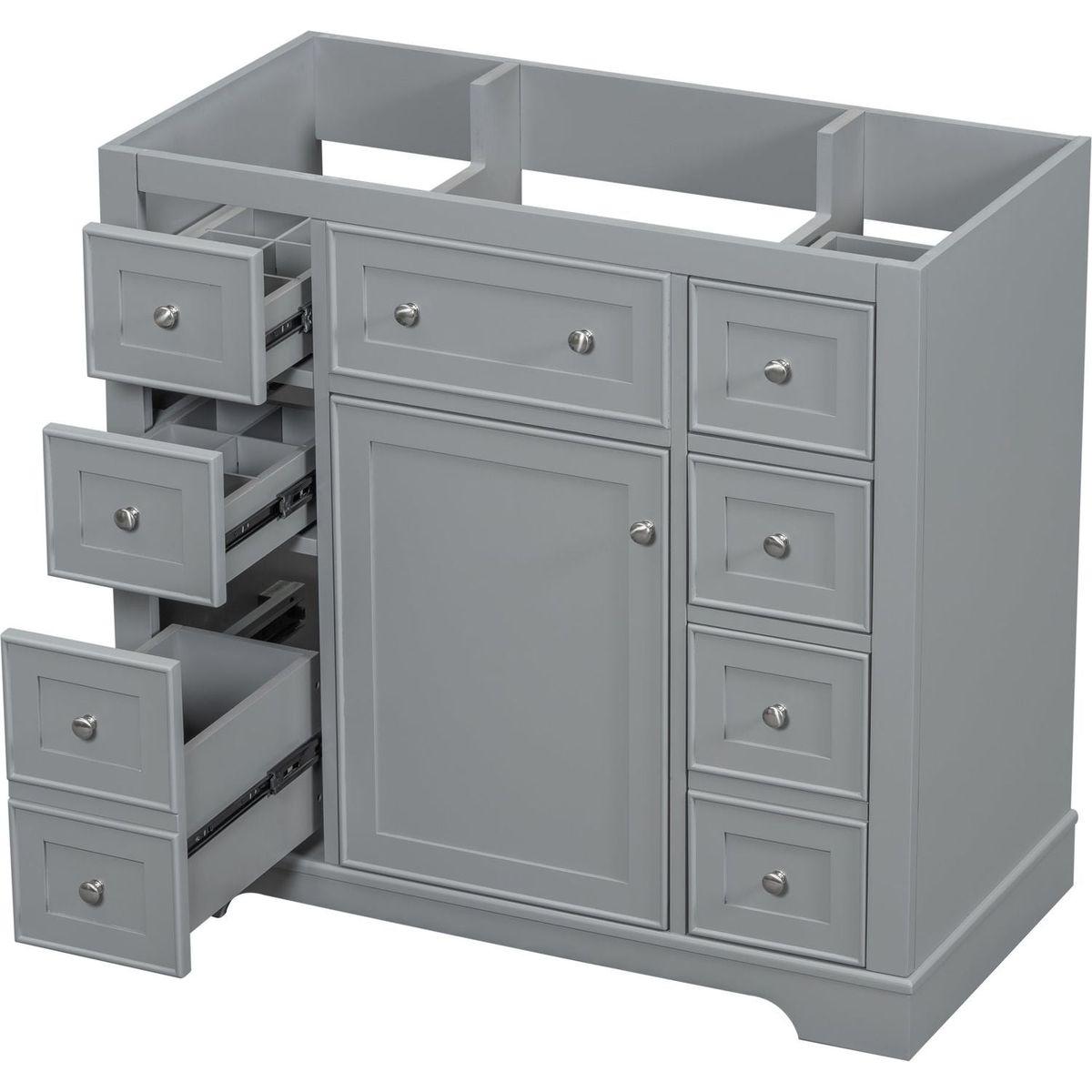 36" Bathroom Vanity without Sink, Cabinet Base Only, One Cabinet and Six Drawers, Grey