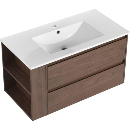 36" Wall Mounting Bathroom Vanity With Ceramic Sink, Soft Close Drawer