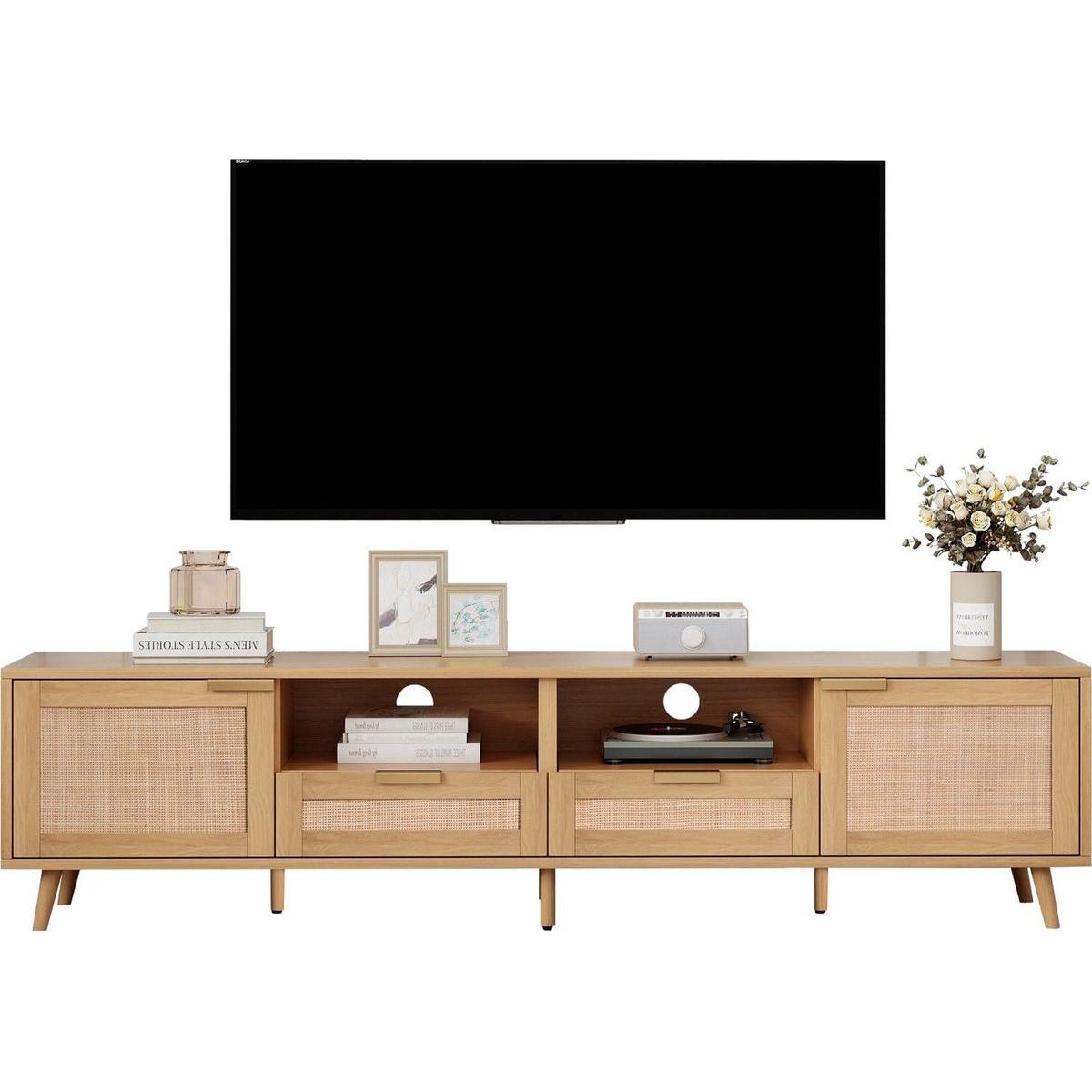 Rattan TV Stand for TVs up to 85", Modern Farmhouse Media Console, Entertainment Center with Solid Wood Legs, TV Cabinet for Living Room,Home Theatre