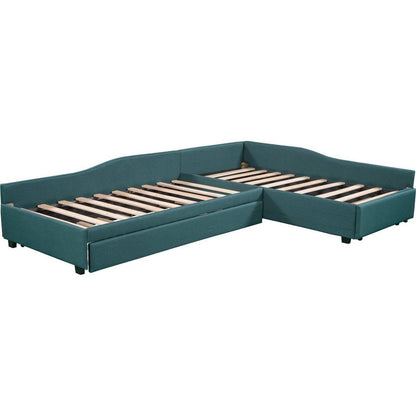 Upholstered Double Twin Size Daybed with Trundle and Drawer, Green