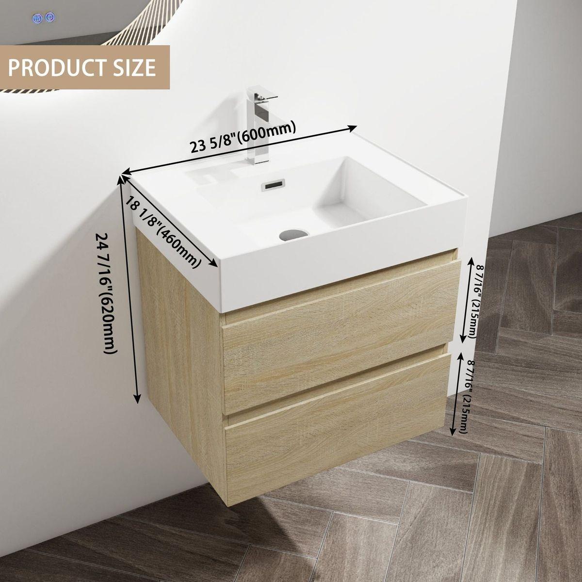 24" Wall-Mounted Bathroom Vanity With Resin Sink, 2-Soft Close Drawers, KD-Package