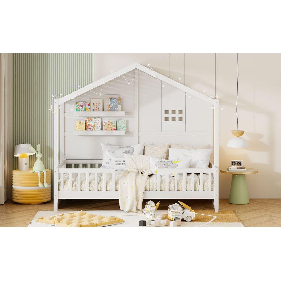 Twin Size House Bed with Shelves, House Bed with Window and Sparkling Light Strip on the Roof, White