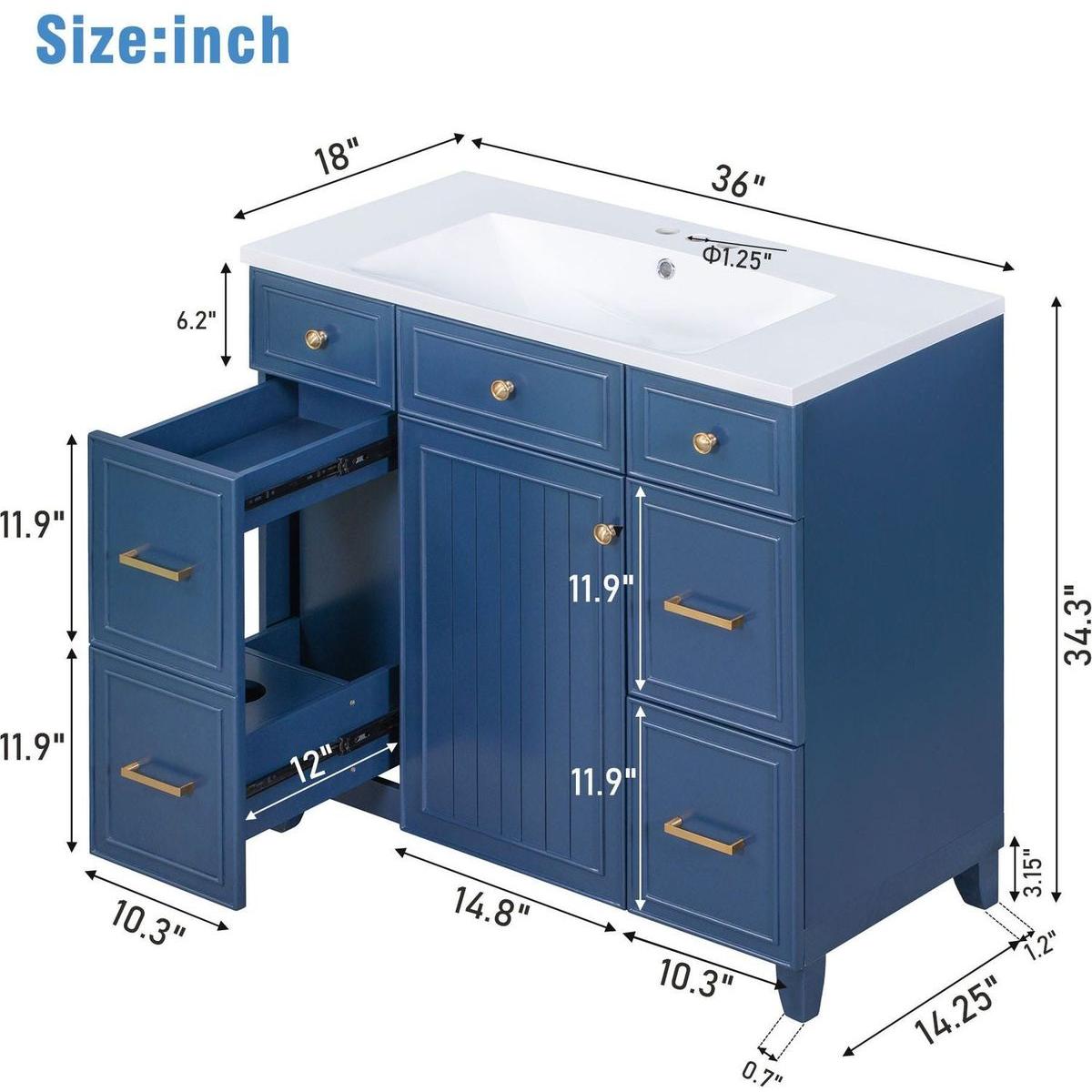 36" Bathroom Vanity Cabinet with Sink Top Combo Set, Navy Blue, Single Sink, Shaker Cabinet with Soft Closing Door and Drawer