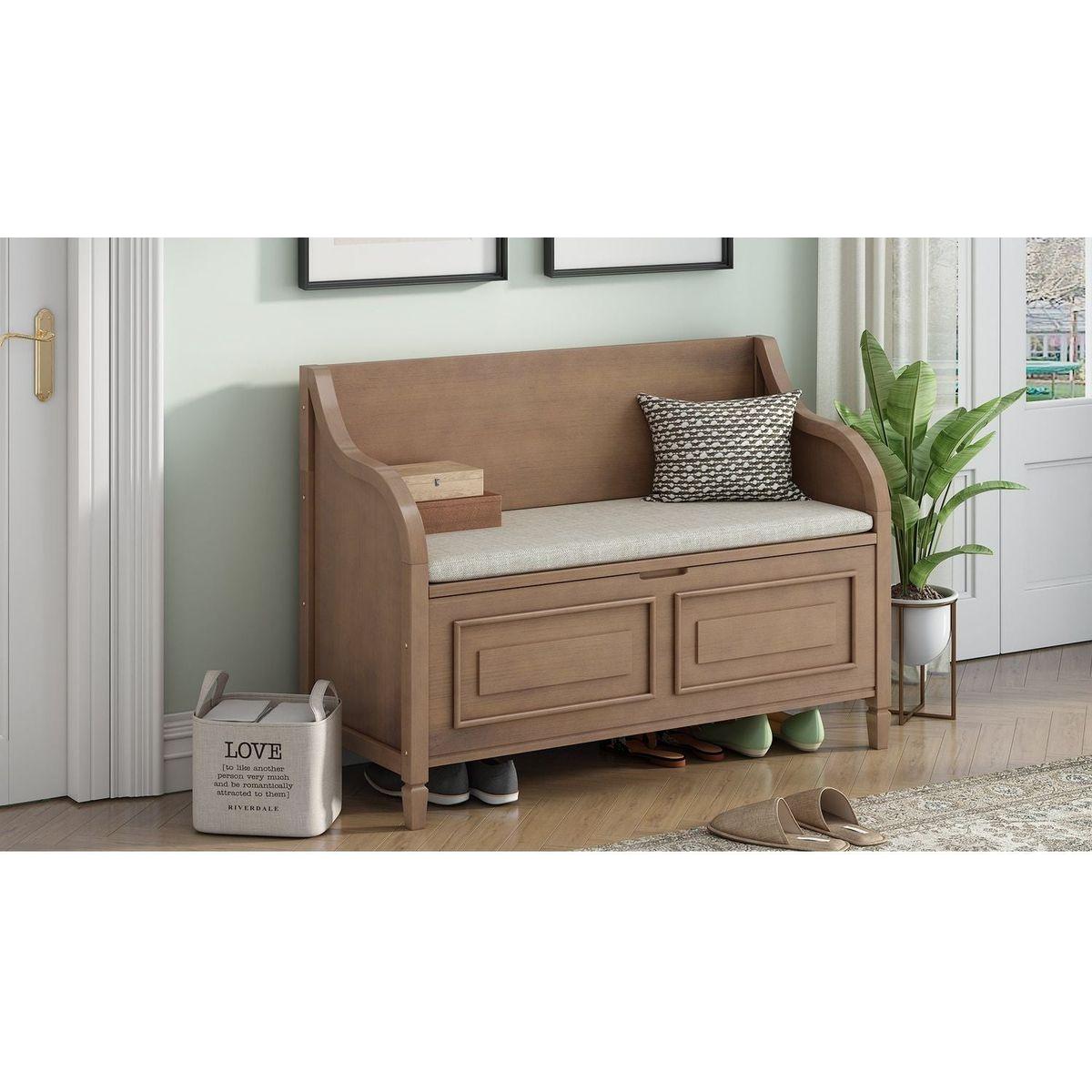 Rustic Style Solid wood Entryway Multifunctional Storage Bench with Safety Hinge (Brown+ Beige)