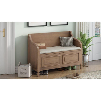 Rustic Style Solid wood Entryway Multifunctional Storage Bench with Safety Hinge (Brown+ Beige)