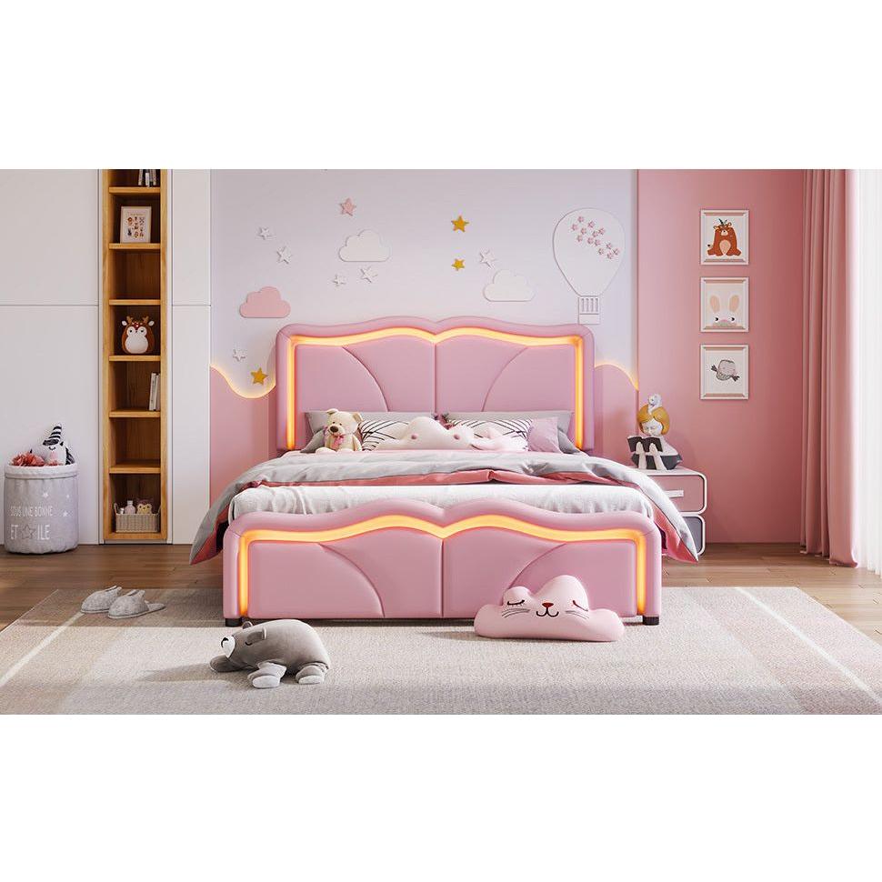 Full Size Upholstered Platform Bed with Curve Shaped and Height-adjustbale Headboard,LED Light Strips,Pink