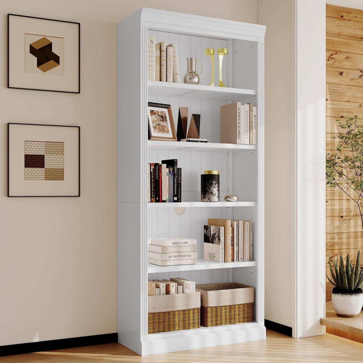 83.4" Tall Wood Bookcase,5-Tier Home Decor Bookshelves with Adjustable Storage Shelves,Storage Organizer for CDs/Books/Movies,Free Standing Storage Shelves for Living Room,Home Office,White