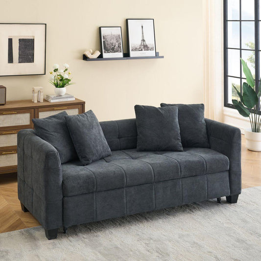 77.9-inch folding dual-purpose three-seater dark grey flannel sofa that can be pulled out and turned into a bed, suitable for use in bedrooms and living rooms.