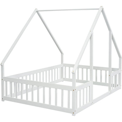 Full Wood House-Shaped Floor Bed with Fence, Guardrails,White