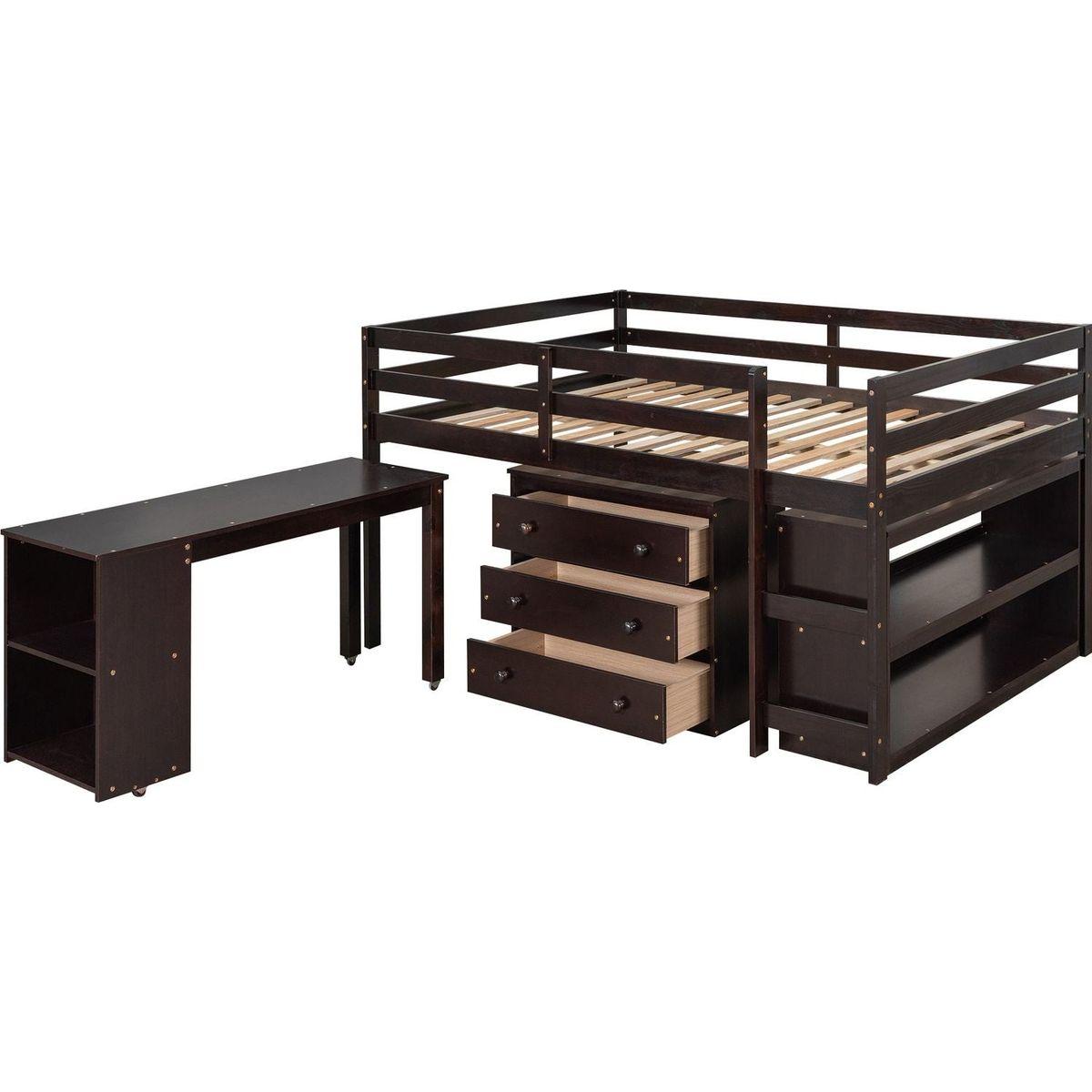 Low Study Full Loft Bed with Cabinet, Shelves and Rolling Portable Desk, Multiple Functions Bed- Espresso