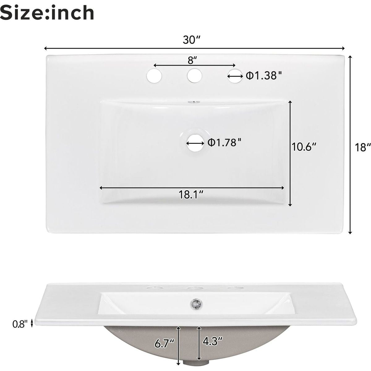 30x18x19.6 Inches Elegant Floating Bathroom Vanity Sink and Cabinet Combo - 1 Door and 2 Drawers