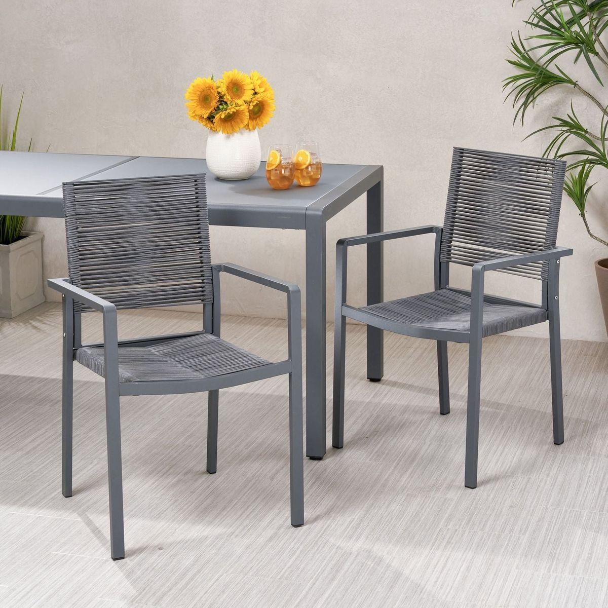 Outdoor Modern Aluminum Dining Chair with Rope Seat (Set of 2), Gray and Dark Gray - Streamdale Furniture