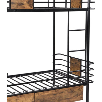 Twin XL over Twin XL Metal Bunk Bed with MDF Board Guardrail and Two Storage Drawers,Black