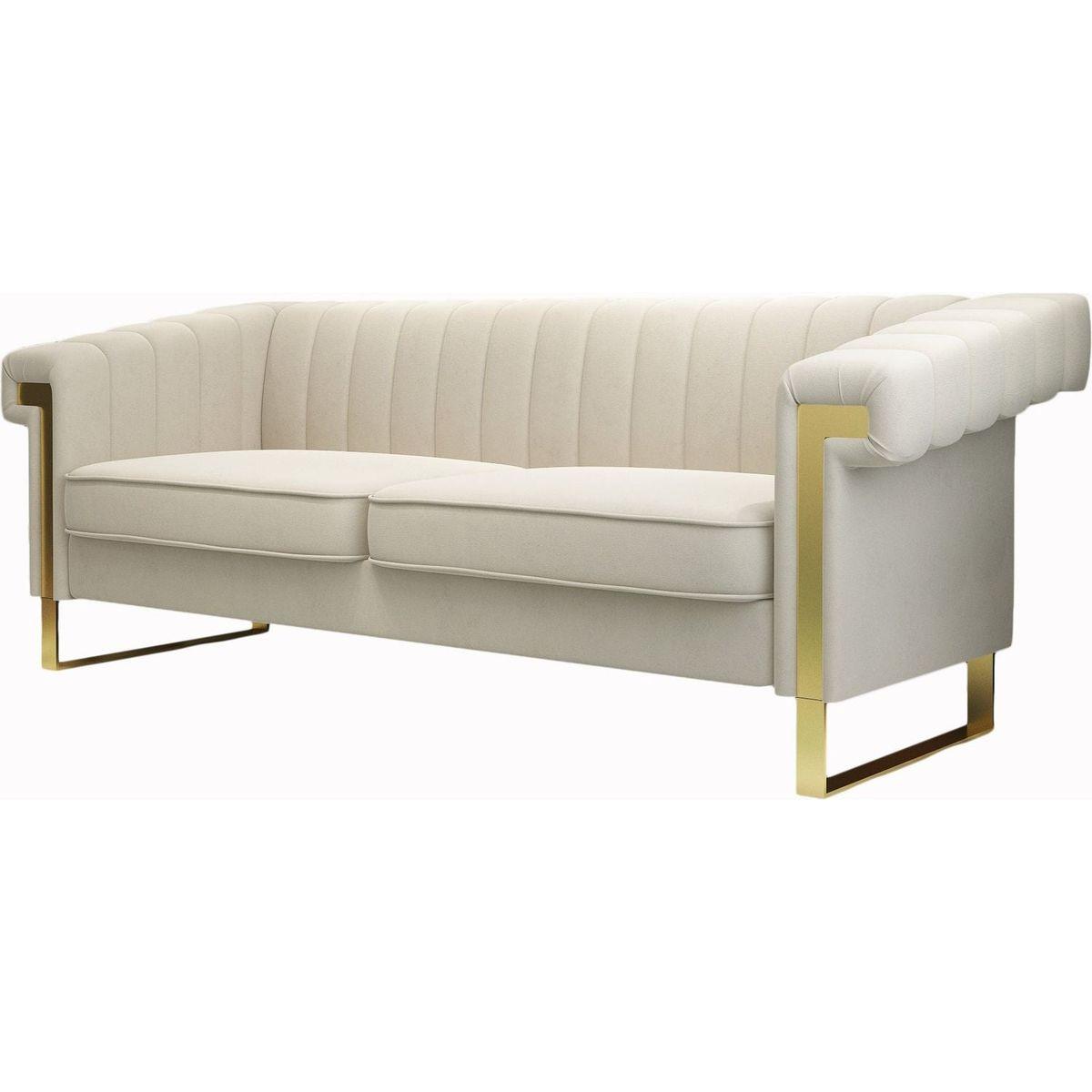 SOFA Modern Cream Velvet Sofa with Gold Accents - Sleek Channel-Tufted Upholstery, 3-Seat Couch for Living Room and Office Decor